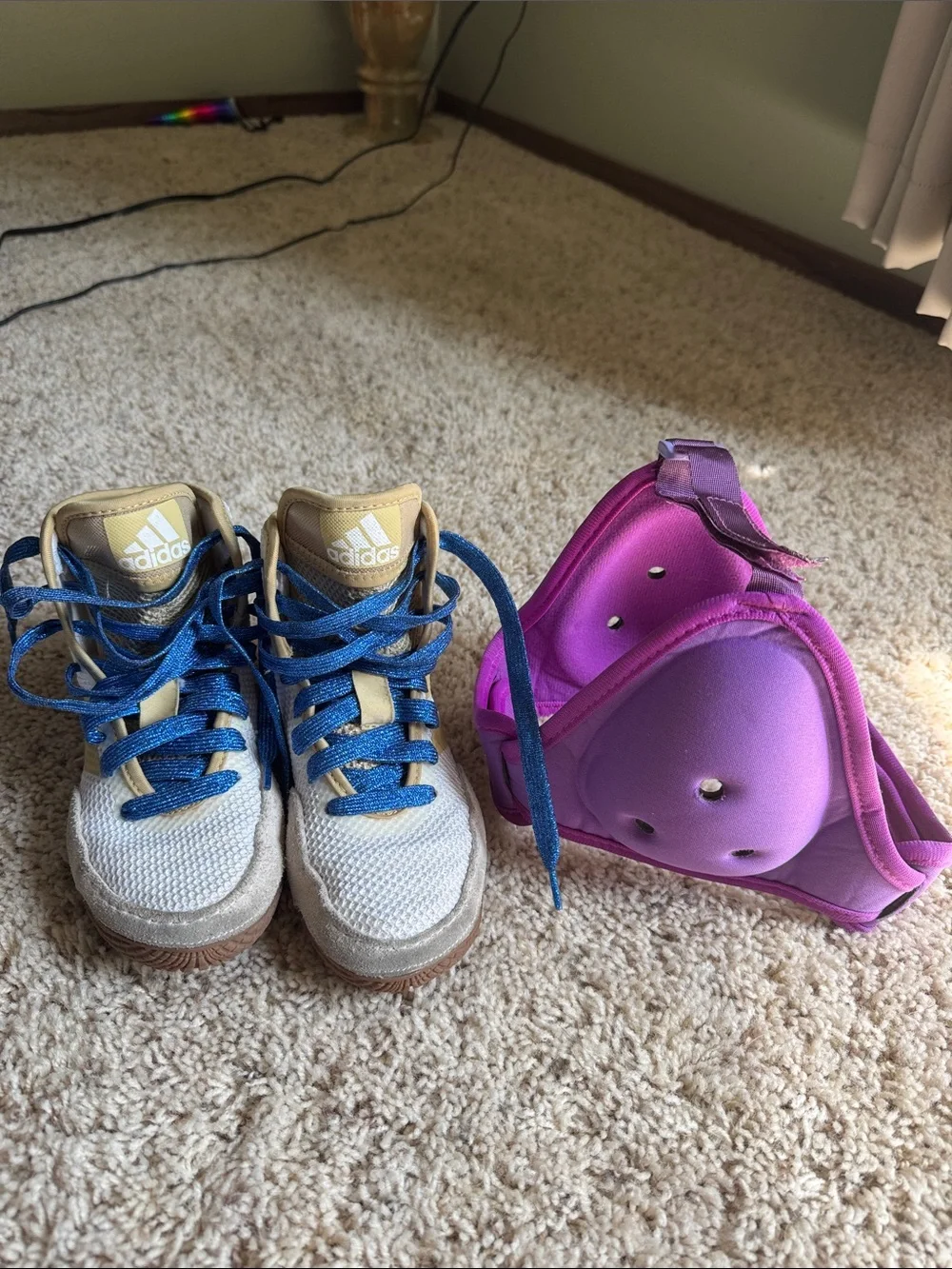 Adidas wrestling shoes and youth headgear